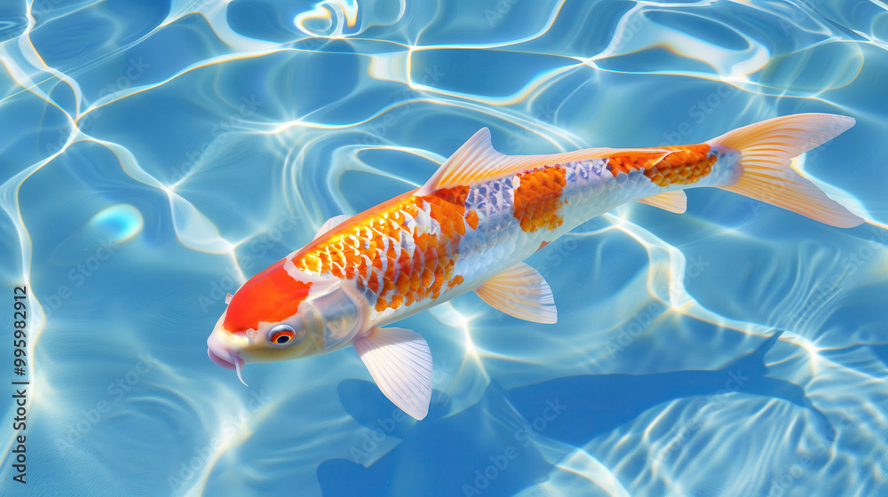 A vibrant koi fish swims gracefully in clear blue water, showcasing its beautiful orange and white patterns in a tranquil setting. A vibrant koi fish swims gracefully in clear blue water, showcasing its beautiful orange and white patterns in a tranquil setting.