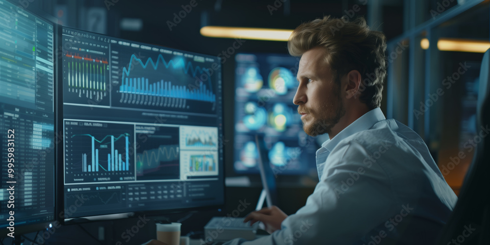 Stock trader. Professional trader analyzing trading graphs. Stock market trading charts screen on computer Stock trader. Professional trader analyzing trading graphs. Stock market trading charts screen on computer