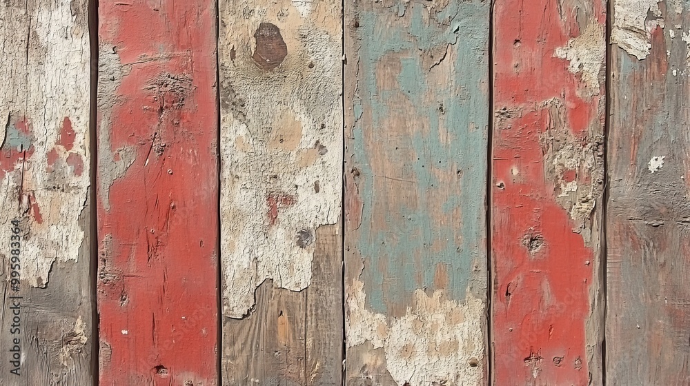 Weathered wooden boards with peeling paint in red and blue hues Weathered wooden boards with peeling paint in red and blue hues