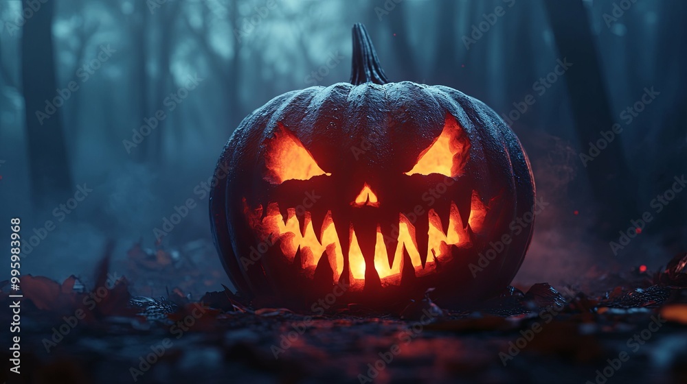 Glowing Jack-o'-Lantern in a Foggy Forest
