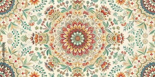 Intricately designed, vibrant, and symmetrical mandala pattern with delicate florals, geometric shapes, and subtle texture, set against a soft, creamy white background.