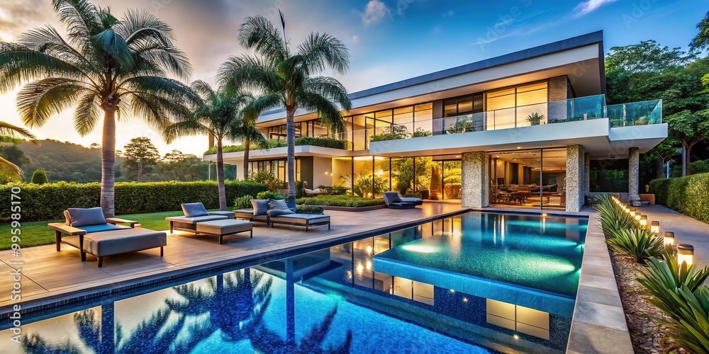 Fototapeta premium Luxurious modern mansion with sprawling grounds, sparkling blue infinity pool, and sleek outdoor lounge area surrounded by lush greenery and towering palm trees.