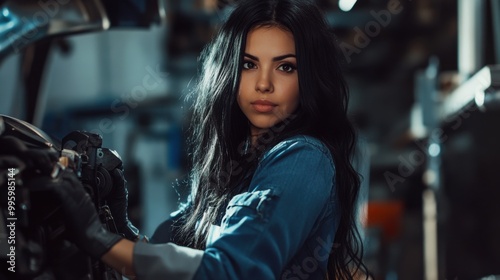 A curvy Latina female mechanic with long black hair, fixing a car's brakes in a high-tech mechanic shop.