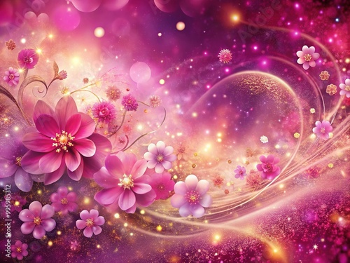 Magenta background bursts with whimsy, swirling clouds of iridescent sparkles and delicate glitters, infusing the scene with enchantment and fantasy.