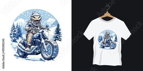 cheerful cartoon king cobra  riding motorcycle winter t-shirt design