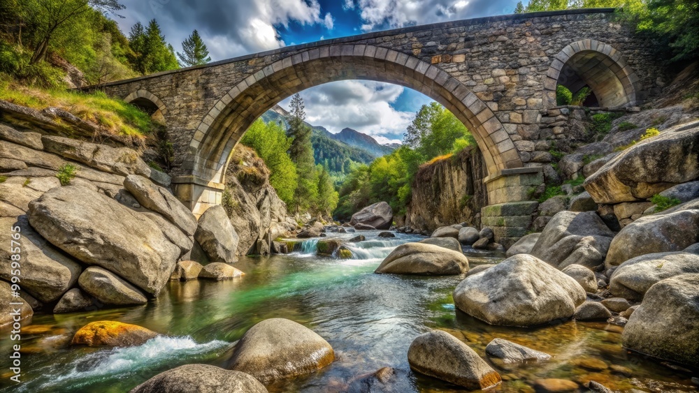 Placid river flowing under an ancient stone bridge in a lush valley surrounded by green trees Placid river flowing under an ancient stone bridge in a lush valley surrounded by green trees