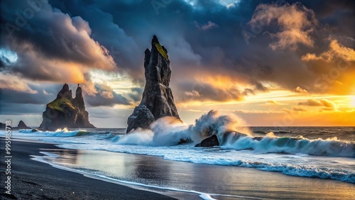 Majestic Gatklettur sea stack stands tall amidst crashing waves and misty atmosphere on Iceland's rugged black sand beach at dusk, showcasing nature's untamed beauty. photo