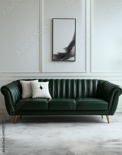 dark green three seater sofa, featuring exquisite craftsmanship and high-quality texture. The clean white background is filled with light luxury