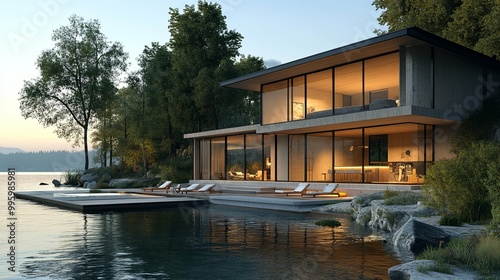 Modern Glass House with Infinity Pool and Lake View