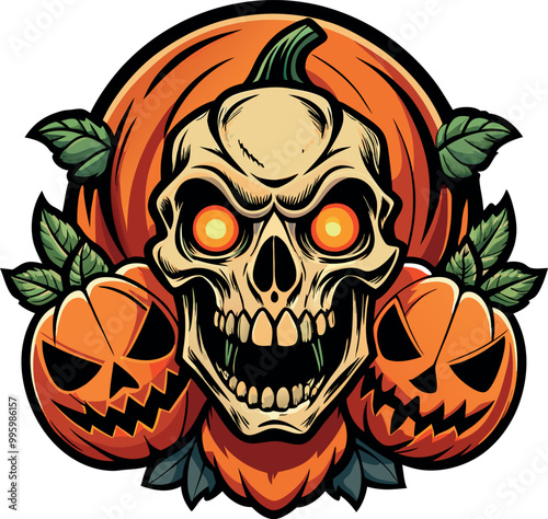 Vector design of a Halloween skull surrounded by pumpkins, ideal for a spooky t-shirt graphic