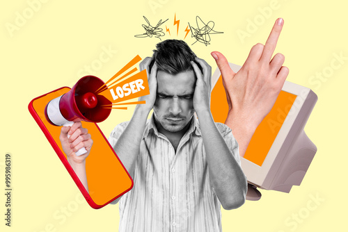 Trend artwork composite sketch photo collage of hand appear hold megaphone display young man confused rude gesture fucking computer