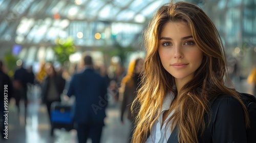 Beautiful Young Woman Standing in a Modern Train Station