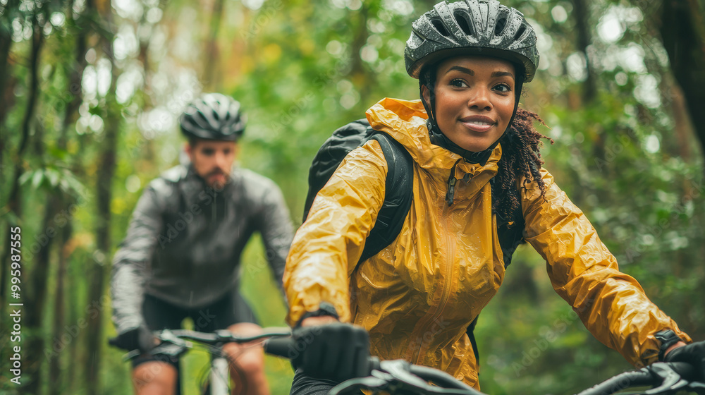 African woman and caucasian man cyclists riding bicycles in nature wearing rain jacket and helmet - Sport and active lifestyle concept - Models by AI generative African woman and caucasian man cyclists riding bicycles in nature wearing rain jacket and helmet - Sport and active lifestyle concept - Models by AI generative