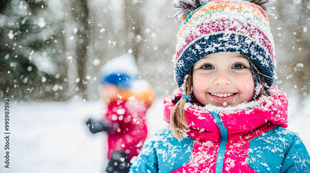 Young children in snowsuits and hats play in the snow outside during winter season - Focus on the girl face - Models by AI generative Young children in snowsuits and hats play in the snow outside during winter season - Focus on the girl face - Models by AI generative