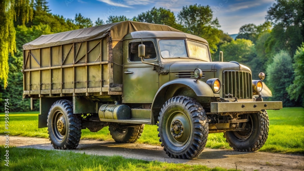 Old military truck is parked on a dirt road in the countryside, with green fields and trees in the background Old military truck is parked on a dirt road in the countryside, with green fields and trees in the background