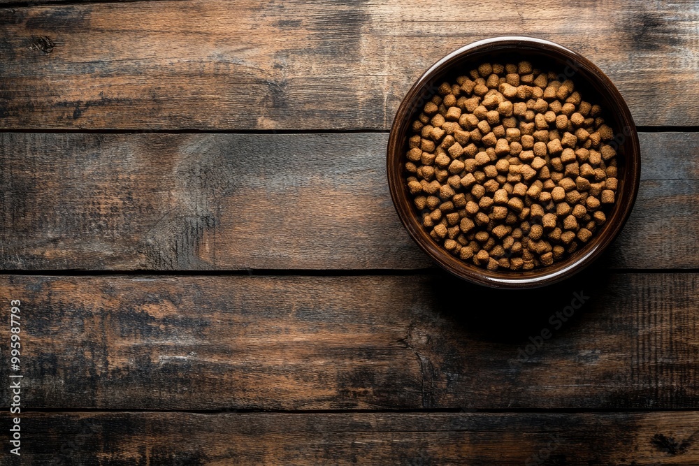 dry dog food in bowl on wooden background top view with generative ai dry dog food in bowl on wooden background top view with generative ai