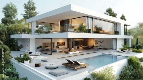 Modern White Villa with Pool and Lush Greenery