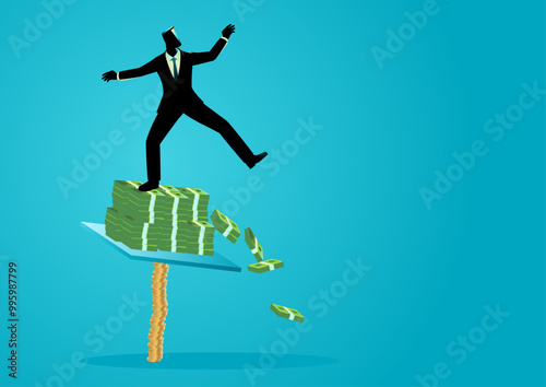 Businessman struggling to keep his balance on a pile of banknotes supported by coins. Symbolizing financial instability, too big too fast,  growth trap, risky investments, or corporate overexpansion