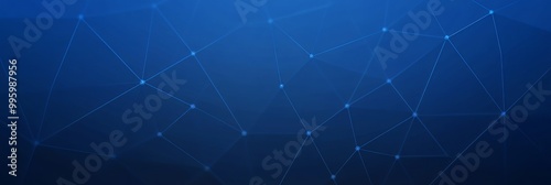 Abstract blue background with geometric shapes and connected dots.