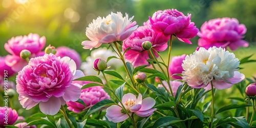 Pink and white peony blossoms cascade from sturdy stems and branches, set against a soothing backdrop of soft green grass and delicate foliage.