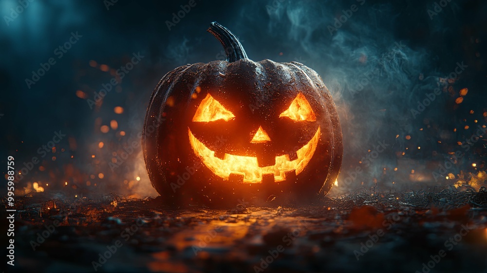 Glowing Jack-o'-lantern with a Sinister Smile amidst Smoke and Embers Glowing Jack-o'-lantern with a Sinister Smile amidst Smoke and Embers