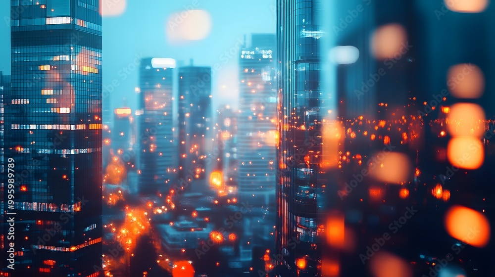 Fototapeta premium abstract background of blurred skyscrapers at night business and technology concept. 