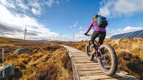 A woman is riding a bike on a path next to a wind farm photo