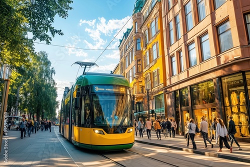 A yellow and green trolley is traveling down a street with a crowd of people wal