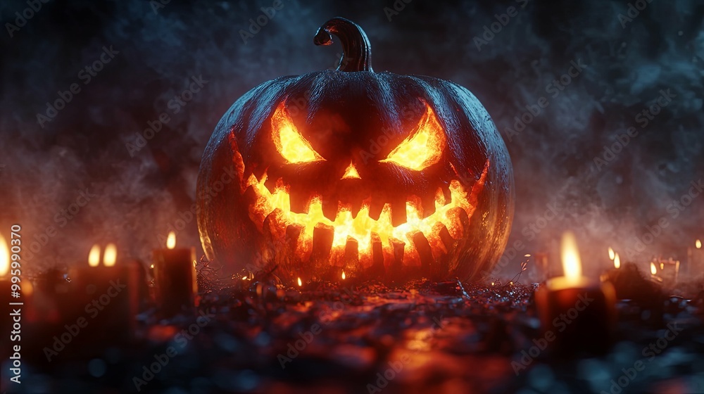 Glowing Jack-o'-Lantern with Evil Grin in a Smoky Forest Glowing Jack-o'-Lantern with Evil Grin in a Smoky Forest