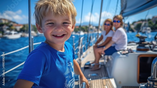 A young boy is smiling and posing on a boat with his family