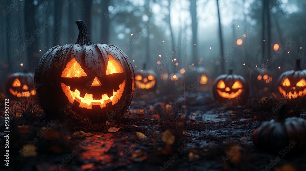 Carved Jack-o'-Lantern Glowing in a Foggy Forest Carved Jack-o'-Lantern Glowing in a Foggy Forest