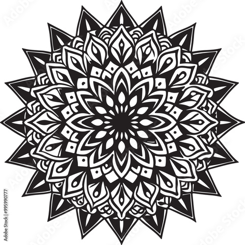 Detailed black and white mandala illustration of a flower in a symmetrical design