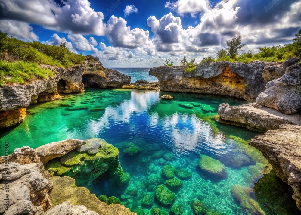 Scenic oceanfront rock pools and caverns overlook crystal-clear turquoise waters, a serene and breathtaking destination for relaxation and exploration. Scenic oceanfront rock pools and caverns overlook crystal-clear turquoise waters, a serene and breathtaking destination for relaxation and exploration.