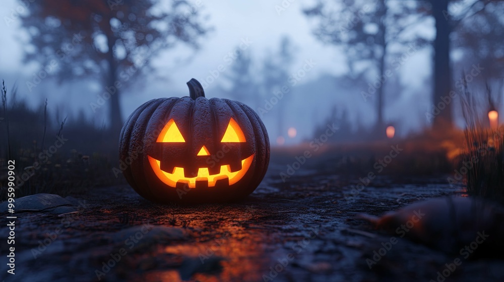 Illuminated Jack-o'-Lantern on a Foggy Forest Path Illuminated Jack-o'-Lantern on a Foggy Forest Path