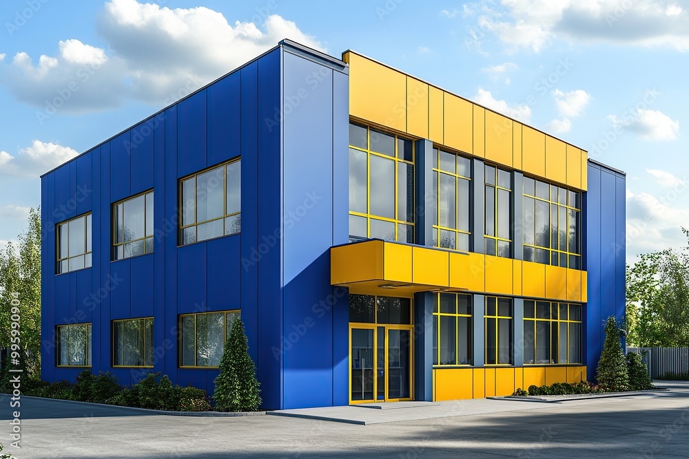 modern industrial building, blue and yellow color scheme, two storey office with entrance door and windows modern industrial building, blue and yellow color scheme, two storey office with entrance door and windows