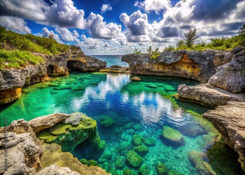 Scenic oceanfront rock pools and caverns overlook crystal-clear turquoise waters, a serene and breathtaking destination for relaxation and exploration.