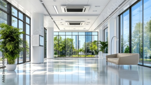 Modern Office Interior with Large Windows and Greenery in Bright  Open Workspace