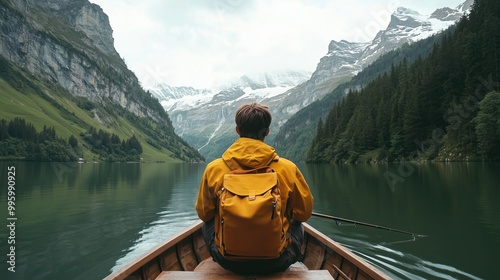 A man in a yellow jacket sits in a boat on a lake