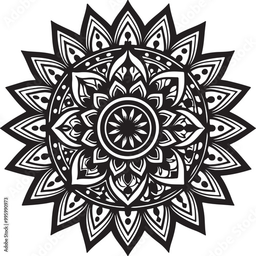 Detailed black and white mandala illustration of a flower in a symmetrical design