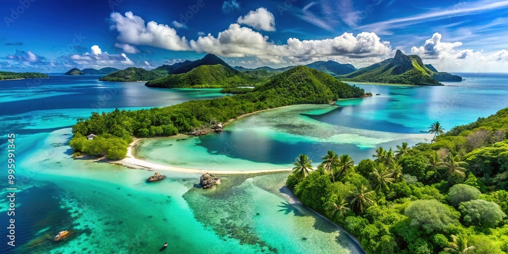 Serene aerial view of a tranquil turquoise lagoon surrounded by lush green islands and powdery white sand beaches under a clear blue sky.