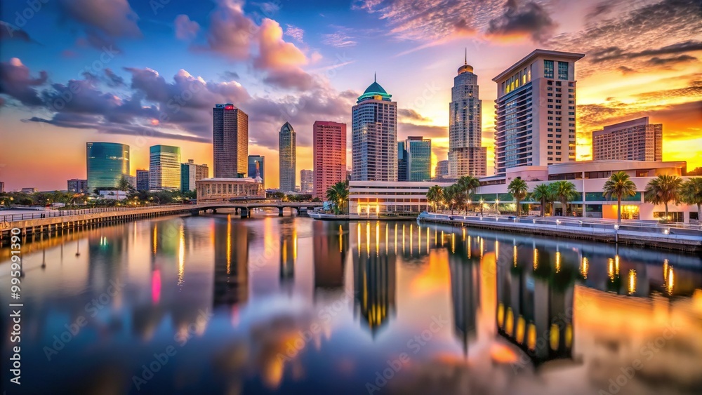 Fototapeta premium Serene evening scene of the Tampa skyline featuring a mix of modern and historic architecture, with the sun dipping into the calm waters of Tampa Bay.