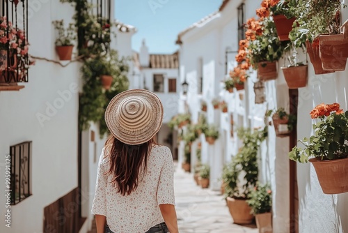 Fototapeta Naklejka Na Ścianę i Meble -  A woman wearing a straw hat walks down a narrow street lined with potted plants