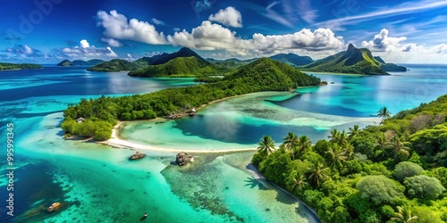 Serene aerial view of a tranquil turquoise lagoon surrounded by lush green islands and powdery white sand beaches under a clear blue sky.