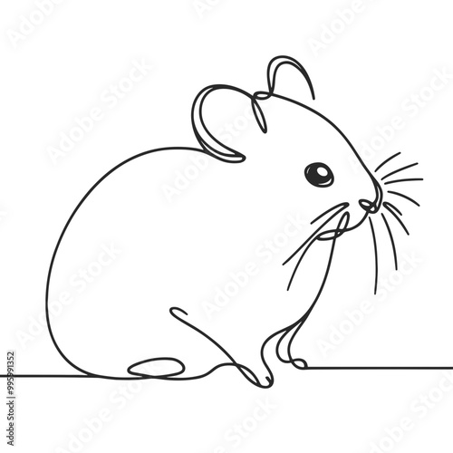 A small black and white drawing of a mouse. The mouse is sitting on a surface and has a cute expression on its face