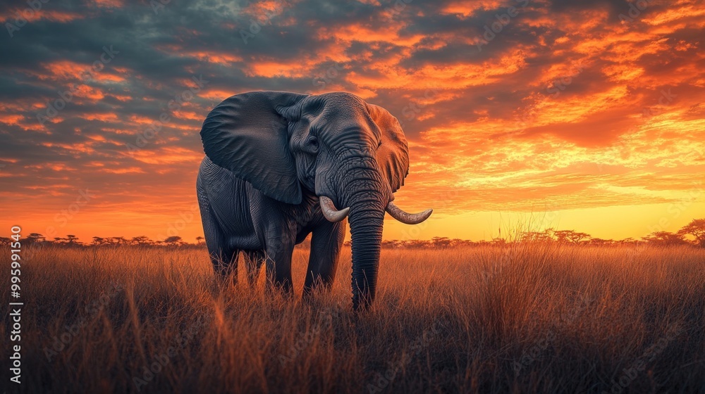 Obraz premium A large elephant stands in a field of tall grass, with a vibrant sunset behind it.