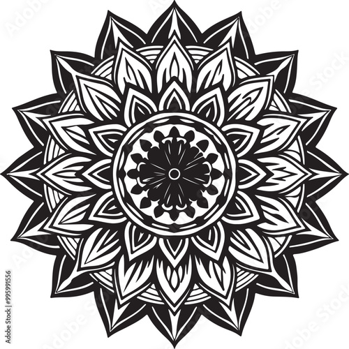 Detailed black and white mandala illustration of a flower in a symmetrical design