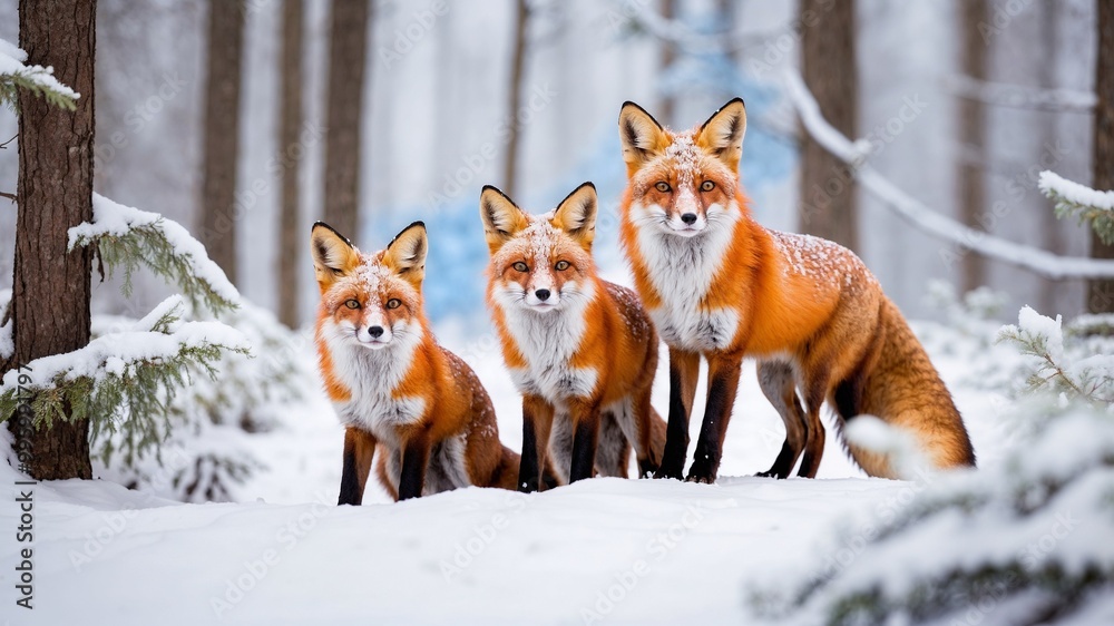 Fototapeta premium Family of foxes with their vibrant reddish orange fur and bushy tails amidst snowy forest landscape