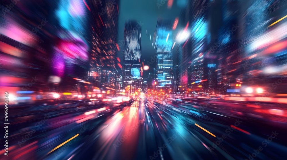 abstract background of blurred skyscrapers at night business and technology concept. 