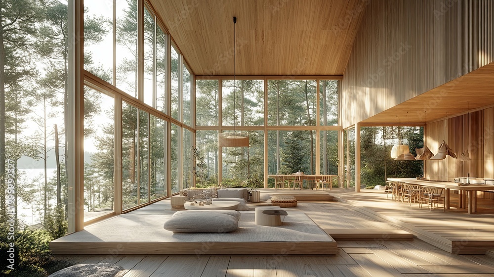 Modern Wooden Cabin with Large Windows Overlooking a Lake and Forest Modern Wooden Cabin with Large Windows Overlooking a Lake and Forest