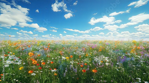 Vibrant Wildflowers Blooming in a Lush Meadow Under a Blue Sky